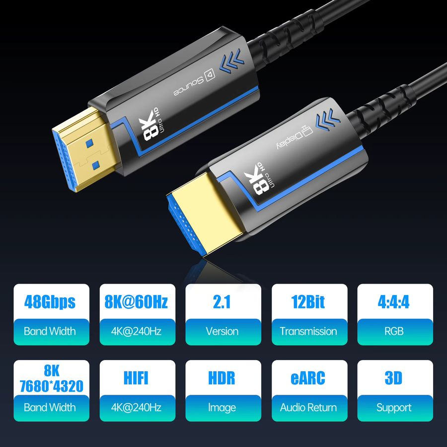 FDBOY HDMI 2.1 Glasfaserkabel in Schwarz für 8K@60Hz und 4K@120Hz mit 48Gbps Ultra High Speed für HDTV, Projektor und Computer - Bild 6
