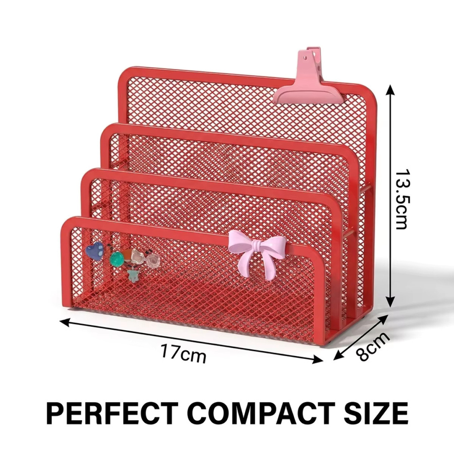 KAWAII Briefsorter Rot – Etagenförmiger Aufbewahrungsorganizer aus Metall und Netzstoff für Dokumente und Zeitschriften - Bild 5