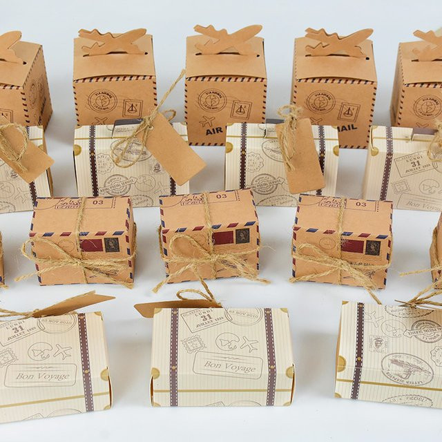 10er Set Mini Koffer Süßigkeiten Boxen aus Kraftpapier in Braun mit Reise-Design und Seil zur Geschenkverpackung für Hochzeiten oder Geburtstage - Bild 1