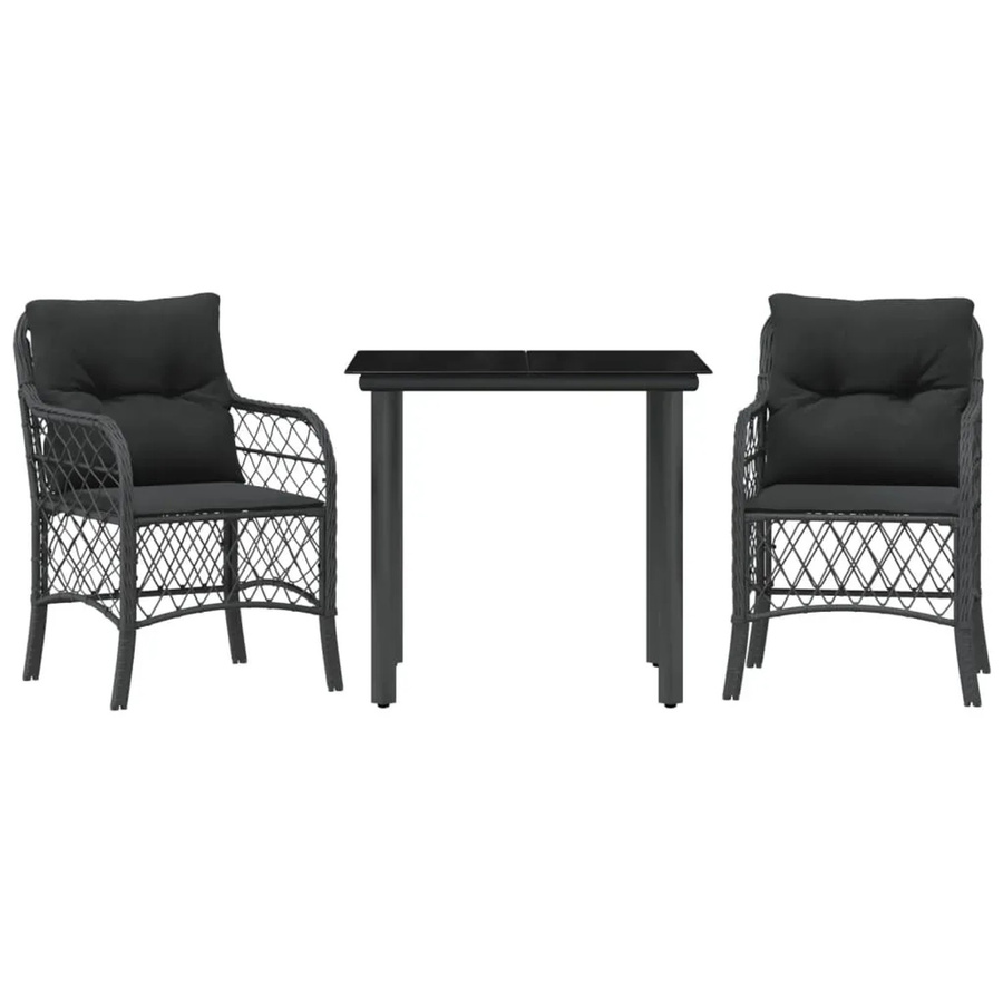 vidaXL 3-teiliges Bistro-Set aus schwarzem PE-Rattan mit Kissen und Glastisch für Garten, Hinterhof oder Balkon - Bild 2