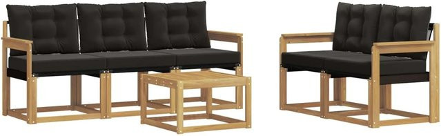 vidaXL Outdoor-Sofagarnitur 6-tlg. in L-Form mit Kissen und Couchtisch, Weiß und Schwarz, aus Akazienholz und Textilene - Bild 1