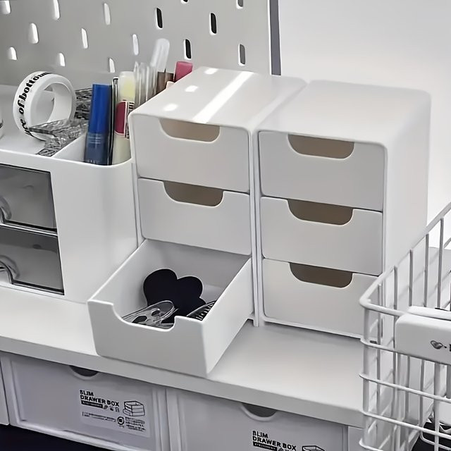 Schreibtisch-Organizer mit 3 Etagen und Schubladen in Weiß aus Kunststoff zur Aufbewahrung von Bürobedarf, Schmuck und Kosmetik - Bild 1