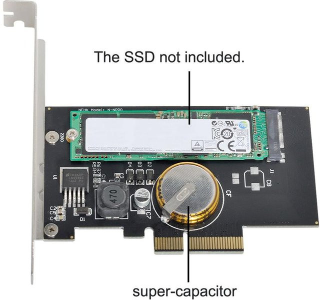 PCI-E 3.0 x4 auf M.2 NGFF M Key NVMe SSD Adapter mit 4.0F Superkondensator für Stromausfallschutz, Schwarz - Bild 1
