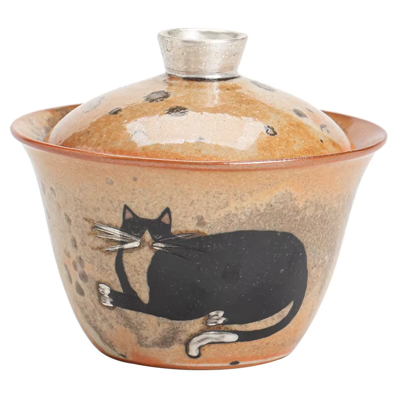 PDQ Japanische Shino-Glasur Teeschale mit Deckel, handbemaltes silbernes Katzen-Berg-Design, Keramik-Gaiwan für die Teezeremonie in Silber und Multicolour - Bild 2
