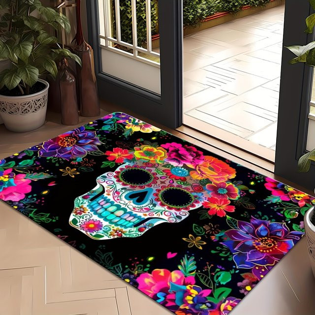 VIKAMA Halloween-Teppich in Multicolour, verschleißfeste und verdickte Bodenmatte mit floralem Ethnic-Design für Eingangsbereich, Wohnzimmer, Schlafzimmer oder Badezimmer, B/T: 60 x 40 cm - Bild 1