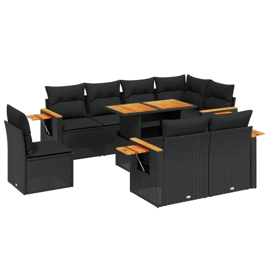 vidaXL 9-teilige Garten-Sofagarnitur in U-Form aus schwarzem Poly-Rattan mit Kissen und Akazienholz - Bild 2