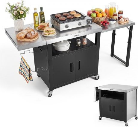VEVOR Outdoor Grill Cart mit Edelstahlplatte und Stauraumschrank in Schwarz, Mobile Kücheninsel mit Rollen und Auszugsplatte, Breite: 190 cm