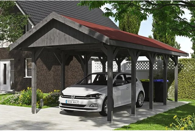 Skan Holz Carport Wallgau Satteldach aus Nadelholz in Schiefergrau, B: 380 cm, T: 750 cm, H: 313 cm - Bild 1