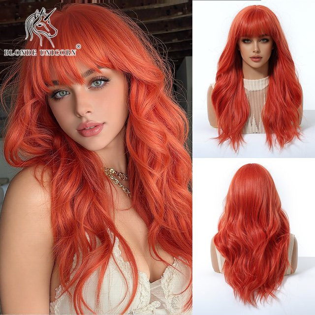 Synthetische Perücke, lange gewellte Haare mit Pony, Ingwer-Orange-Braun, Damen - Bild 1