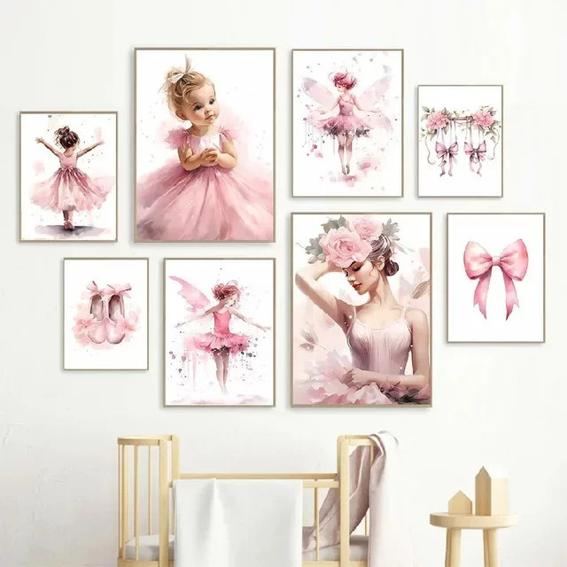 Potdemiel Vintage Canvas Poster Ballett Mädchen mit Blumen und abstrakten floralen Motiven in Pink für dein Kinderzimmer Wandkunst - Bild 1