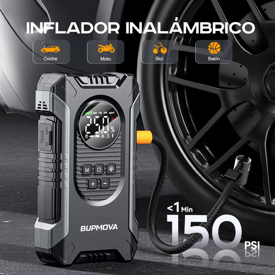 BSMOOM 2-in-1 Starthilfe Powerbank mit 1500A Auto-Booster, 8000mAh Akku und 150PSI Luftkompressor Reifenpumpe inklusive LED-Notlicht in Schwarz - Bild 4