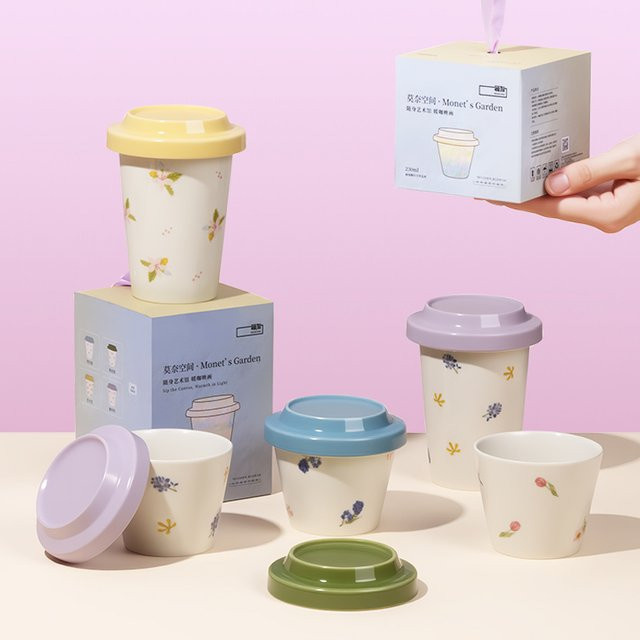 SOLECASA Keramik-Kaffeetasse mit Blumenmuster und Deckel, Mehrfarbig, 370 ml - Bild 1