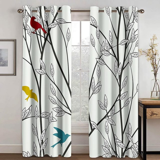 Yiran Furniture Vorhänge mit Silberbirken-Motiv in 3D-Druck, 2 Paneele, semi-transparent, Farbe Silber, B/H: 100 x 130 cm - Bild 1