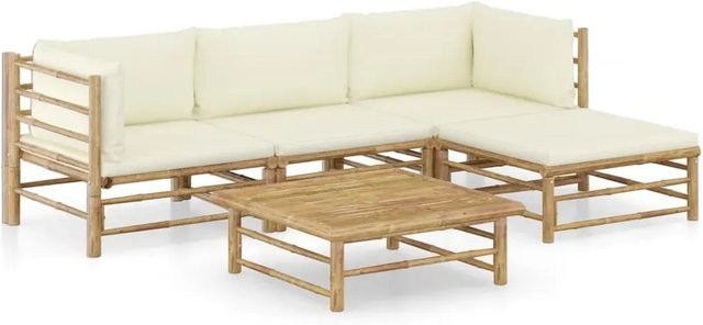 vidaXL 5-teiliges Garten-Lounge-Set aus Bambus mit cremeweißen Kissen in Beige und Weiß - Bild 1