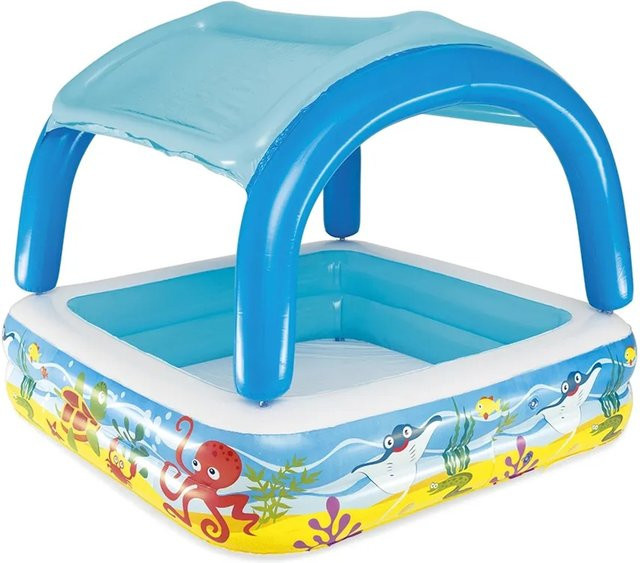 Bestway Beach Buddy Planschbecken für Kinder mit Sonnenschutzdach, quadratisch, Multicolour, B/T/H: 140 x 140 x 114 cm - Bild 1