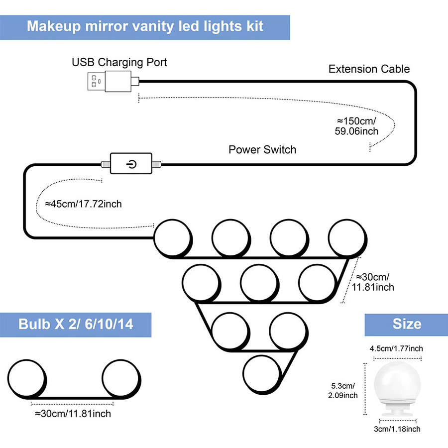 CanLing USB Schminkspiegel-Beleuchtung mit LED, dimmbar, 3 Farbtemperaturen, Weiß - Bild 4