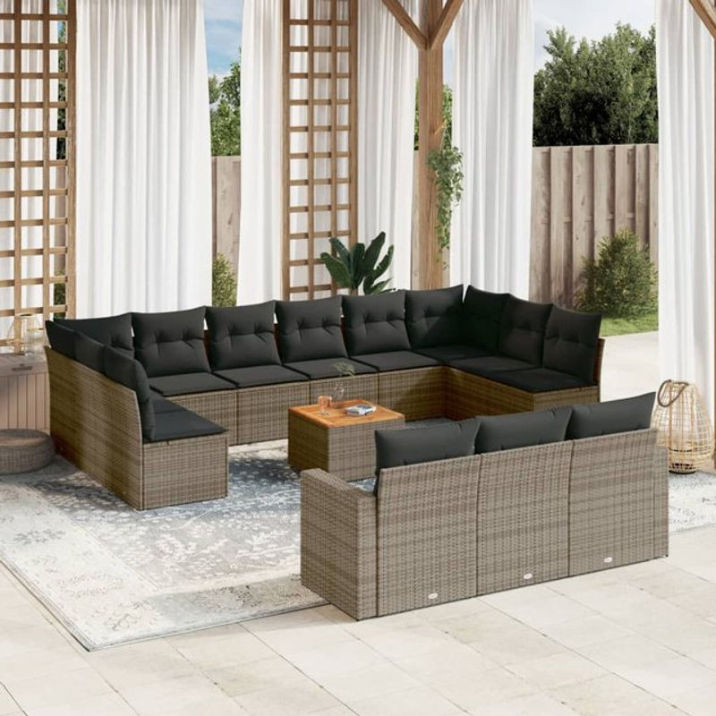 Vidaxl Gartenmöbel-Set aus Polyrattan und Akazie mit 14 Teilen und Kissen, Grau - Bild 1