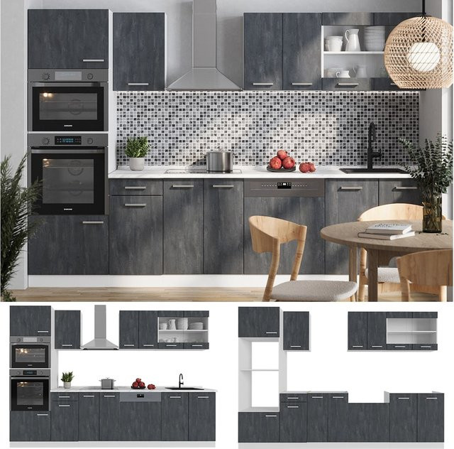 Vicco Küchenzeile R-Line modern in Schwarz Beton und Weiß, Breite: 300 cm - Bild 1