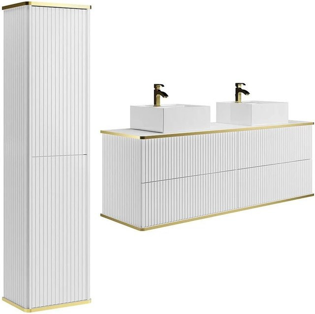Vente-unique Badmöbel-Set Keliza in Weiß im Art-Déco-Stil mit quadratischen Aufsatzwaschbecken und Hochschrank, Breite: 150 cm, Höhe: 54 cm, Tiefe: 47 cm - Bild 1