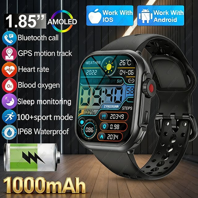 BOXUXING Smartwatch mit 1,85 Zoll HD AMOLED Display, GPS-Tracking, Bluetooth-Anruf und IP68 wasserdicht, Schwarz, Unisex - Bild 1