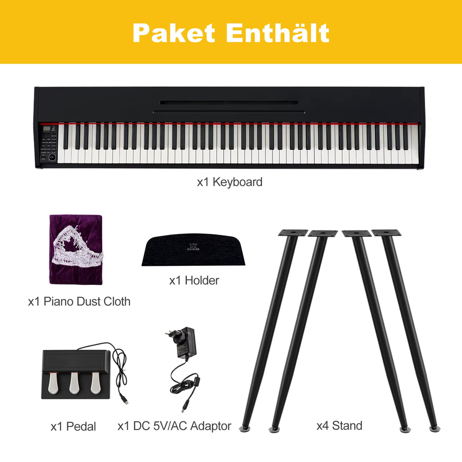MUSTAR Digitalpiano Set mit 88 Tasten und Hammermechanik in Schwarz inklusive Klavierbank, Ständer und 3 Pedalen mit MIDI-USB-Anschluss - Bild 6