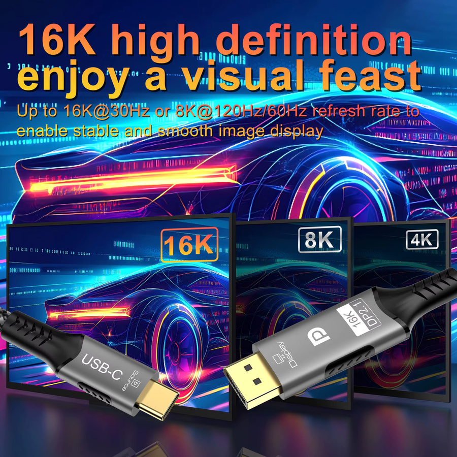 lmcnzz USB-C auf DisplayPort 2.1 Kabel in Schwarz, 16K@30Hz und 8K@60Hz, kompatibel mit Thunderbolt 4/3 für MacBook, Huawei Air, Projektor und PC - Bild 4