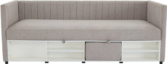 Sofabett Laozia in Taupe mit Schlaffunktion und Armlehnen aus Stoff, Breite: 213 cm - Bild 1