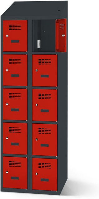 rotstahl Fächerschrank mit Ladefunktion und 10 Fächern in Rot mit anthrazitgrauem Korpus, B: 60 cm, H: 200 cm - Bild 1