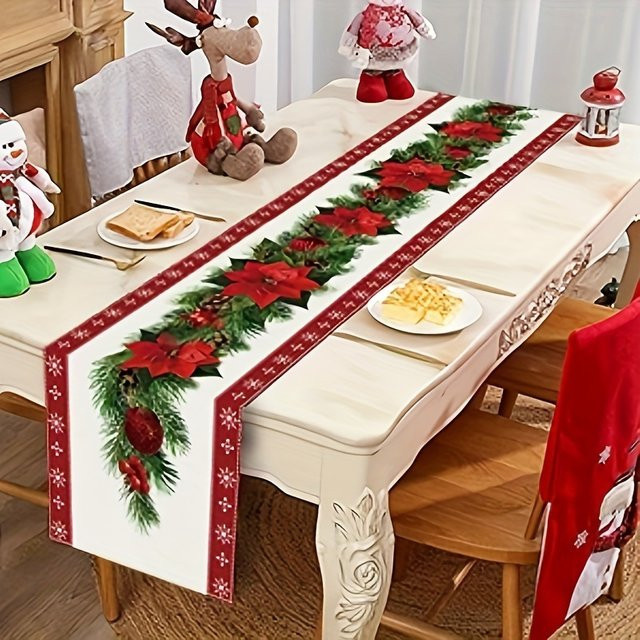 Elegante Weihnachtstischdecke aus Leinen mit Weihnachtsstern, Tannenzweigen und Schneeflocken-Aufdruck, rechteckig, B/T/H: 150 x 45 x 45 cm - Bild 1