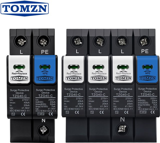 TOMZN Überspannungsschutzgerät SPD 1P+NPE 3P+NPE 230V AC T1 T2 1,5kV 20-50kA mit flammhemmendem Gehäuse - Bild 1