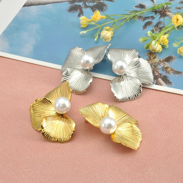 Lokaer Mode Ohrstecker, Blatt Blume, Imitation Perle, Edelstahl, Damen - Bild 1