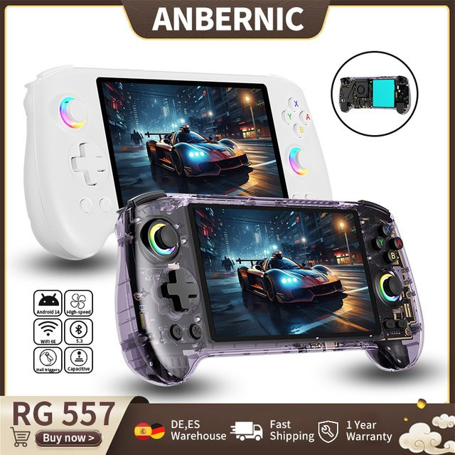 Anbernic RG557 Retro Handheld Game Console mit 5,48 Zoll AMOLED Display, Android, WiFi und AI Assistent in Purple/Multicolour - Bild 1