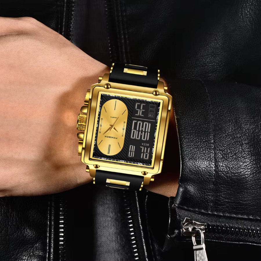 FOXBOX Digitaluhr, Quarz, Silikon, Schwarz, Gold, Herren - Bild 5