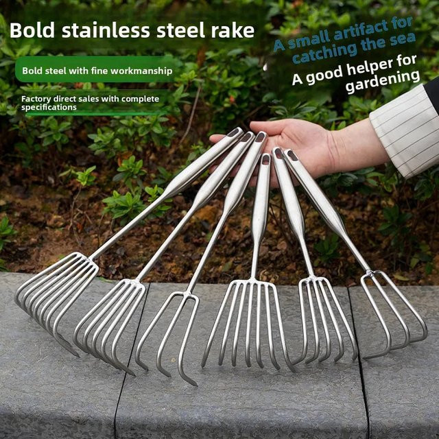 Kleiner Erdrechen aus Edelstahl mit Stahlgriff in Silber zur Lockerung von Gartenboden - Bild 1