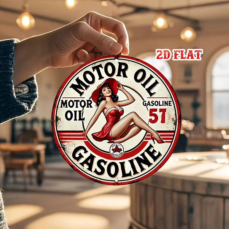 Potdemiel Vintage Metallschild rund mit Pin-Up Girl Motiv, Retro Benzin Werbung Poster aus Aluminium, Durchmesser: 20 cm, Mehrfarbig - Bild 5