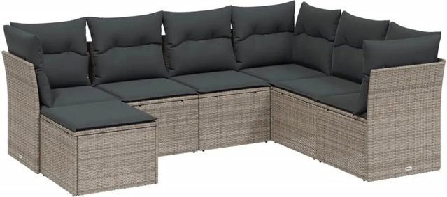 vidaXL 7-tlg. Garten-Sofagarnitur in L-Form mit Kissen, Hellgrau, Poly-Rattan und Metallgestell - Bild 1