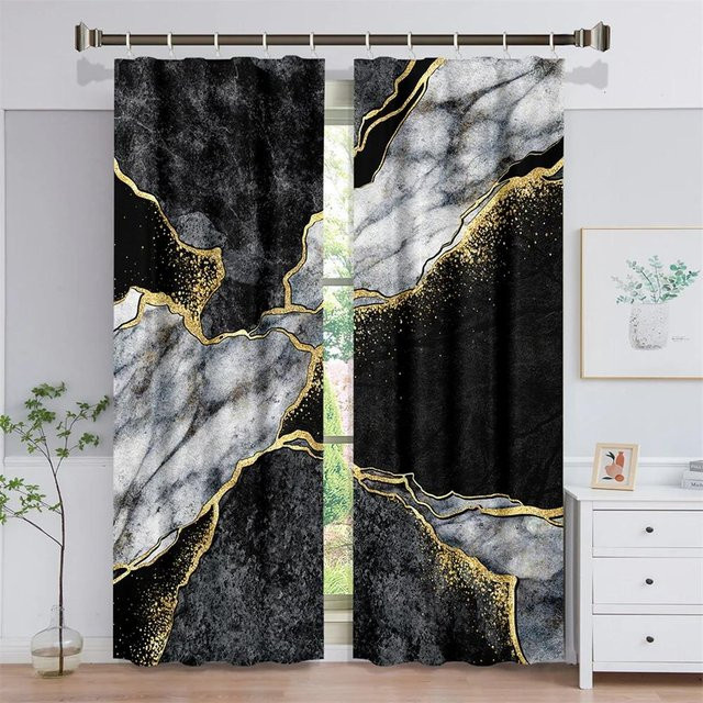 2er-Set Moderne Vorhänge mit Abstraktem Marmor-Design in Schwarz und Gold, Semitransparent, mit Ösen, Breite: 100 cm, Höhe: 130 cm - Bild 1