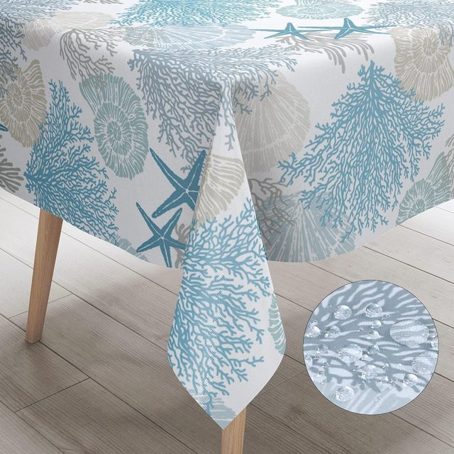 Wasserdichte rechteckige Tischdecke von JMG Household Supplies mit nautischem Küsten- und Strandmotiv aus weißem Polyester, B/T: 240 x 140 cm - Bild 1
