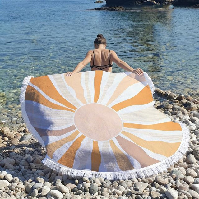 JMG Household Supplies Rundes Strandtuch mit Geometrischem Sonnen-Mandala und Quasten, Mikrofaser, Orange, B/D: 100 x 100 cm - Bild 1