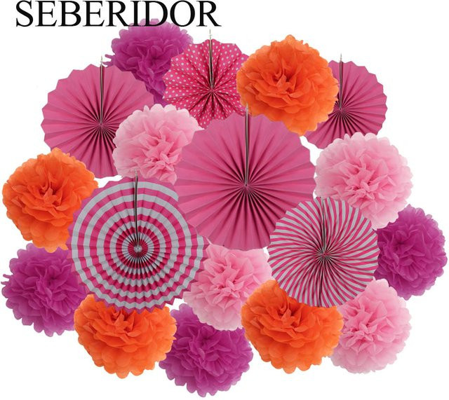 SEBERIDOR DIY-Set mit Papier-Faltfächerchen und Pompons in Rosa und Orange für Hochzeiten, Partys und Kinderdeko - Bild 1