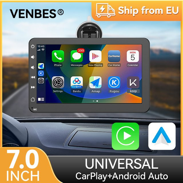 VENBES 7 Zoll Autoradio mit Drahtlosem Carplay und Android Auto, Touchscreen mit Mirror Link und Wi-Fi, Schwarz - Bild 1