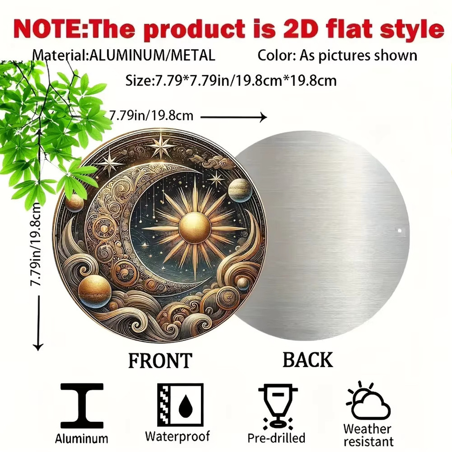 Potdemiel Wandkunst Vintage Mystischer Mond und Sonne mit Blumenrelief und Sternen, rundes Aluminiumdekor, Durchmesser: 20 cm - Bild 2