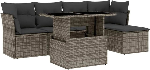 vidaXL 6-tlg Garten-Sofagarnitur in L-Form aus Polyrattan mit Kissen in Grau - Bild 1