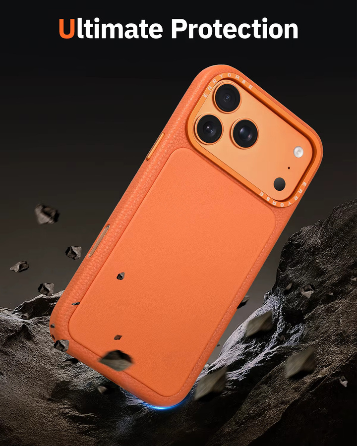 EARY Leder-Handyhülle für iPhone 17 Pro Max und iPhone 17 Pro mit integriertem Kameraschutz, stoßfest und sturzsicher, Schwarz und Orange - Bild 2