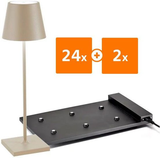 Zafferano Poldina Pro LED-Akkuleuchten Set in Beige mit 24 Tischleuchten und 2 Multikontakt-Ladestationen, dimmbar, IP65 wetterfest, modern und rund - Bild 1