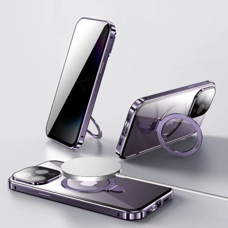 Magnetische Schutzhülle mit Anti-Spionage Blickschutz und Metall-Bumper für iPhone 17 16 15 14 13 Pro Max inklusive MagSafe-Ring in Orange - Bild 3