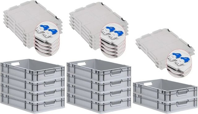 PROREGAL SuperSparSet 10x Eurobox NextGen Grip mit Scharnierdeckel und blauen Schiebeschnappverschlüssen, Grau, H x B x T: 12 x 40 x 60 cm, 23 Liter - Bild 1