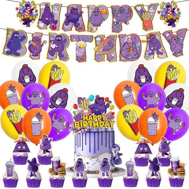 HappybuySE Grimace Geburtstagsparty Dekoration Set in Lila mit Tortenaufsatz, Banner und Luftballons - Bild 1