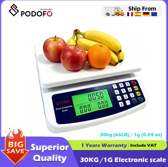 Podofo Präzisions-Digitalwaage mit LCD-Display, Elektronische Lebensmittelwaage in Weiß, bis 30 kg - Bild 1