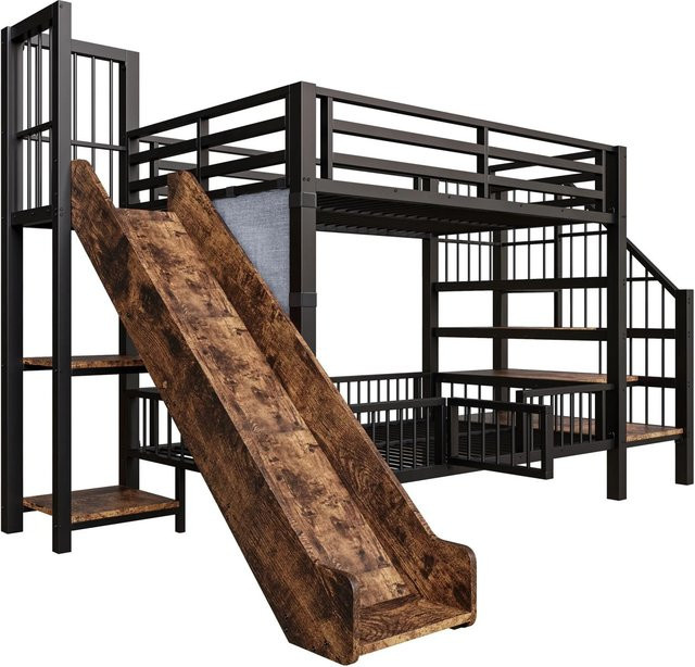 Merax Hochbett für Kinder aus Metall und MDF mit Rutsche und Stauraum, Schwarz, B/T/H: 200 x 90 x 166,4 cm - Bild 1